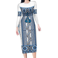 Ukraine Long Sleeve Bodycon Dress Traditional Braided Rope Belt Blue Folk Pattern