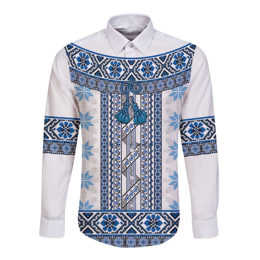 Ukraine Long Sleeve Button Shirt Traditional Braided Rope Belt Blue Folk Pattern