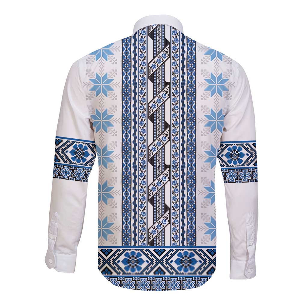 Ukraine Long Sleeve Button Shirt Traditional Braided Rope Belt Blue Folk Pattern