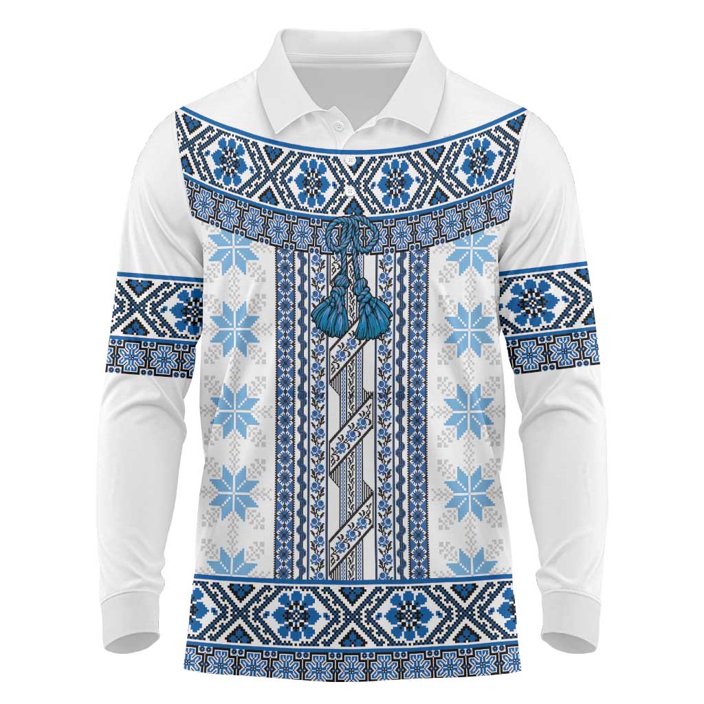 Ukraine Long Sleeve Polo Shirt Traditional Braided Rope Belt Blue Folk Pattern