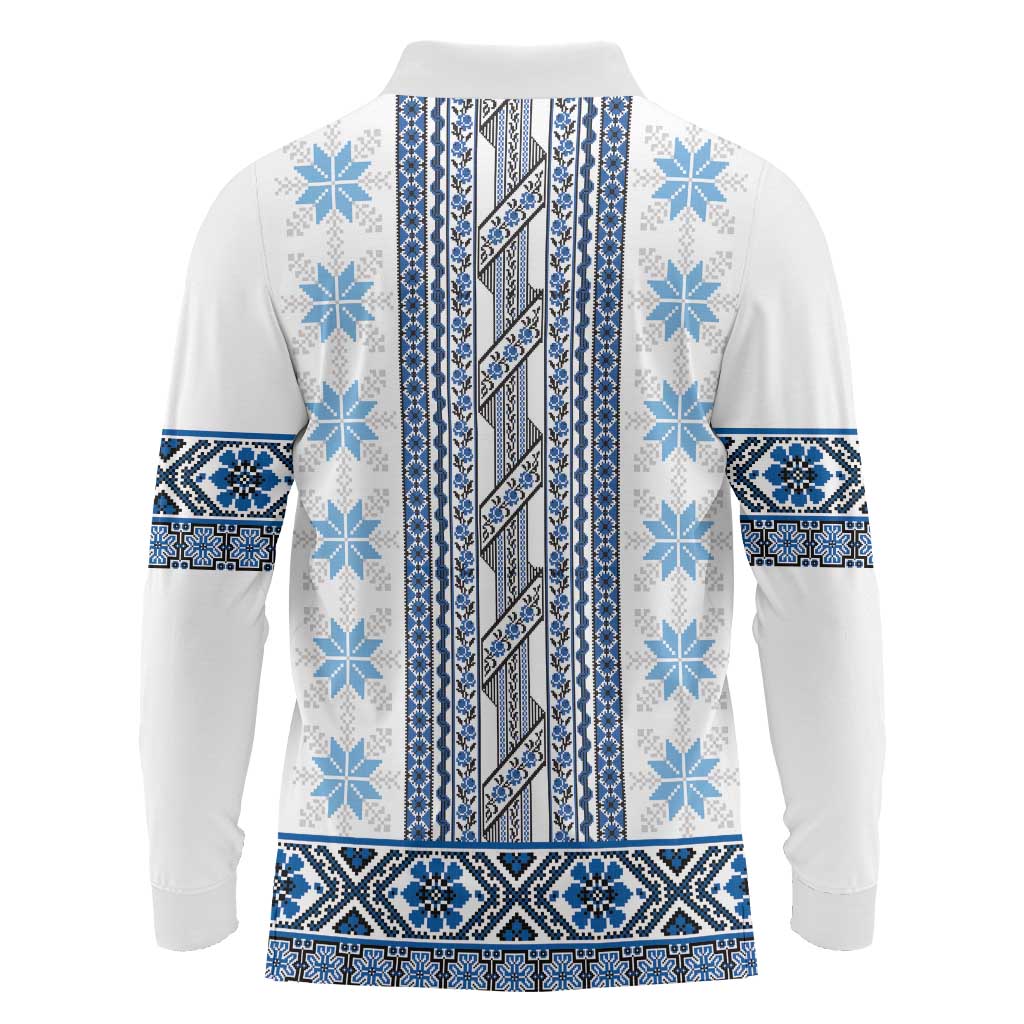 Ukraine Long Sleeve Polo Shirt Traditional Braided Rope Belt Blue Folk Pattern