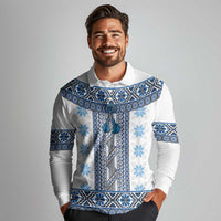 Ukraine Long Sleeve Polo Shirt Traditional Braided Rope Belt Blue Folk Pattern