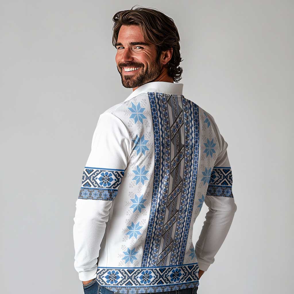 Ukraine Long Sleeve Polo Shirt Traditional Braided Rope Belt Blue Folk Pattern
