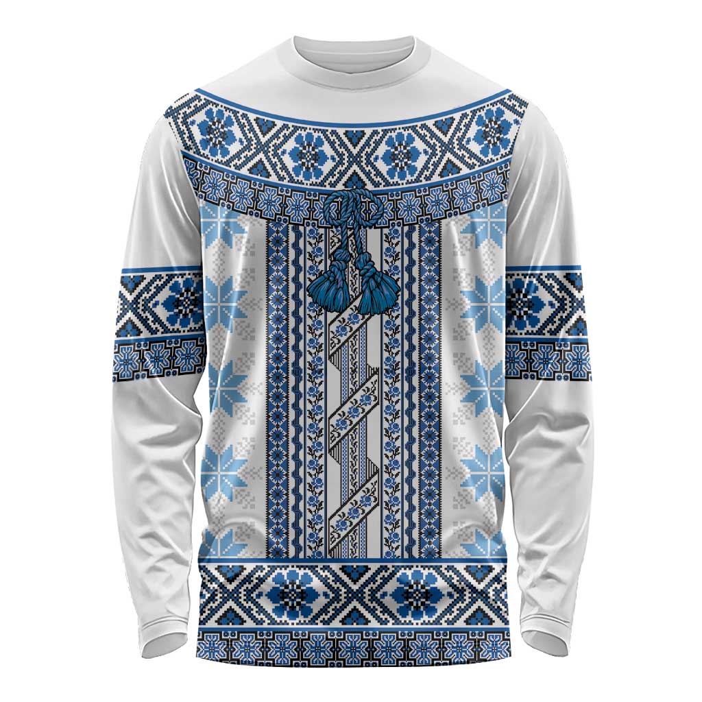 Ukraine Long Sleeve Shirt Traditional Braided Rope Belt Blue Folk Pattern