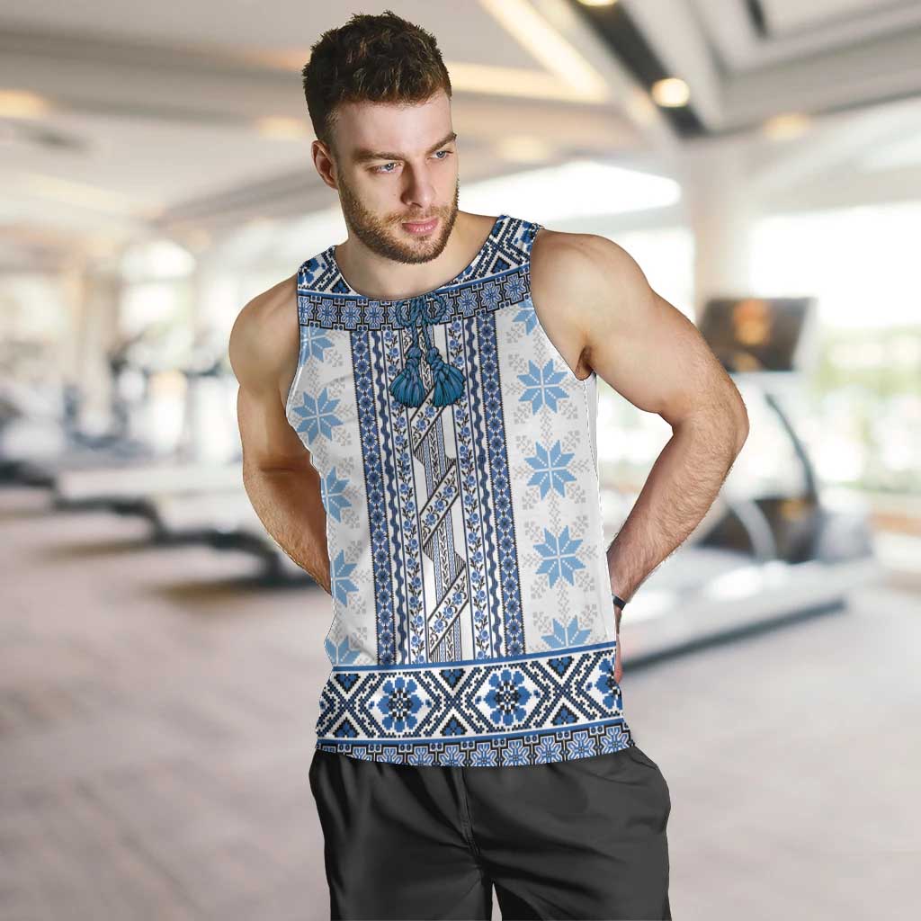 Ukraine Men Tank Top Traditional Braided Rope Belt Blue Folk Pattern