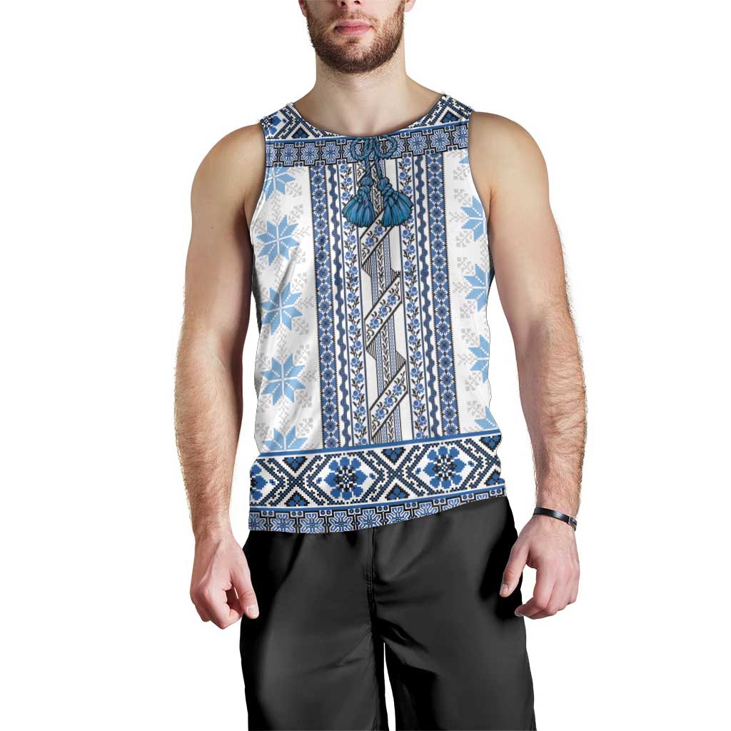 Ukraine Men Tank Top Traditional Braided Rope Belt Blue Folk Pattern