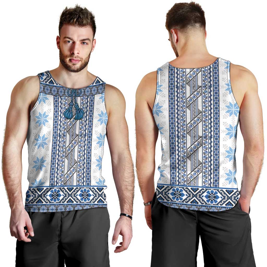 Ukraine Men Tank Top Traditional Braided Rope Belt Blue Folk Pattern