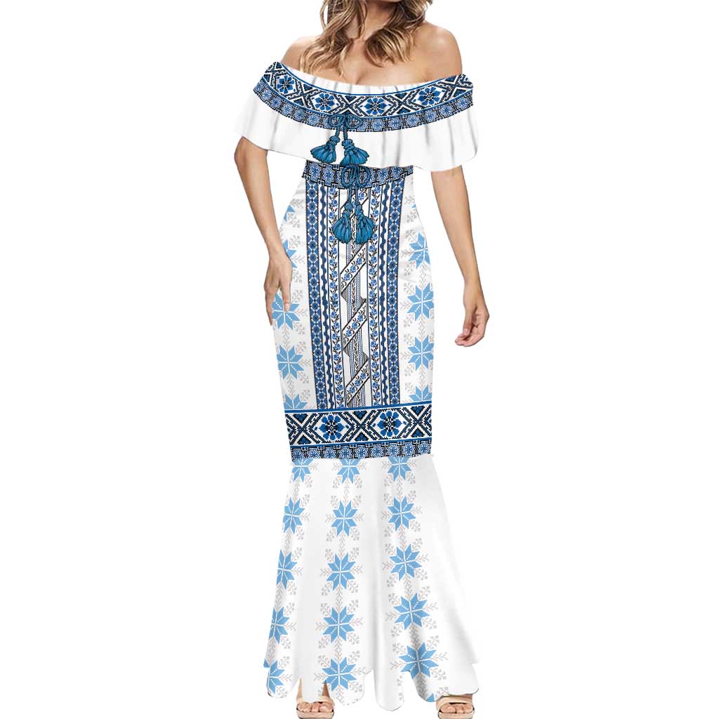 Ukraine Mermaid Dress Traditional Braided Rope Belt Blue Folk Pattern