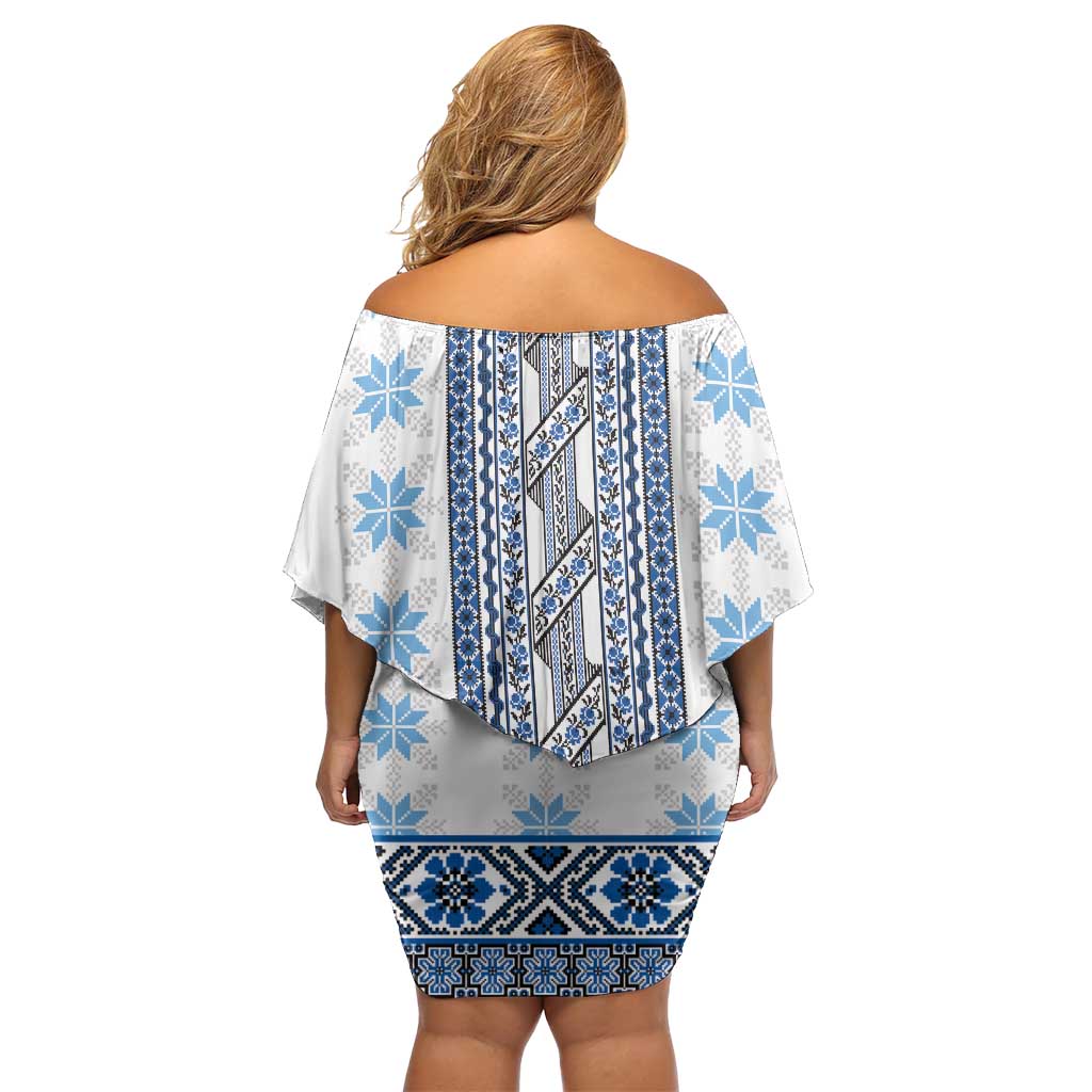 Ukraine Off Shoulder Short Dress Traditional Braided Rope Belt Blue Folk Pattern