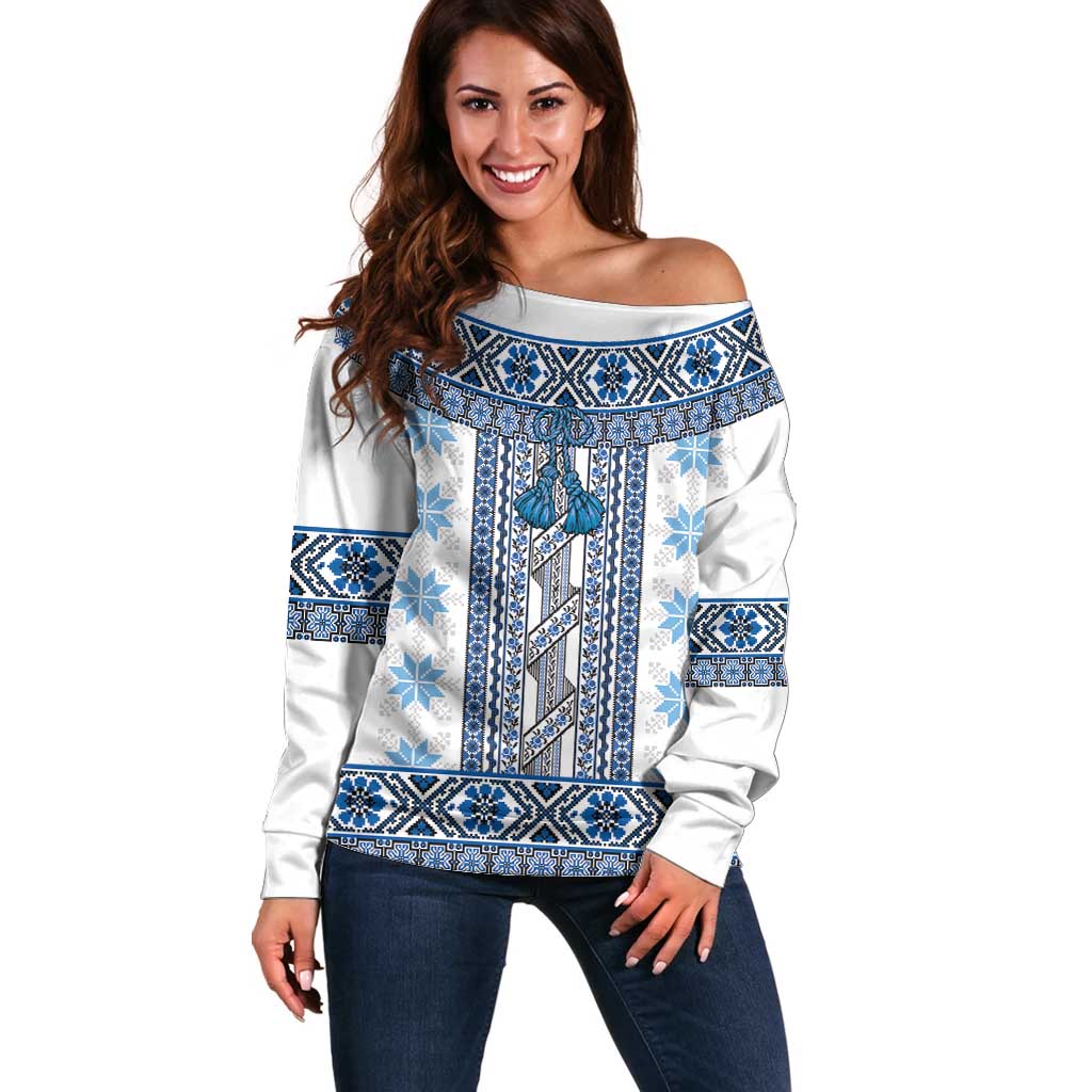 Ukraine Off Shoulder Sweater Traditional Braided Rope Belt Blue Folk Pattern