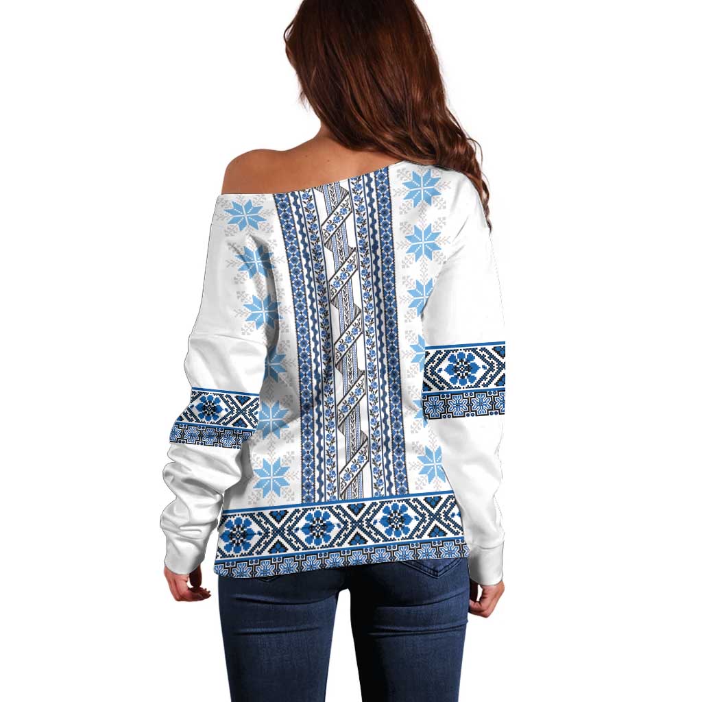 Ukraine Off Shoulder Sweater Traditional Braided Rope Belt Blue Folk Pattern