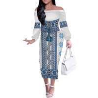 Ukraine Off The Shoulder Long Sleeve Dress Traditional Braided Rope Belt Blue Folk Pattern
