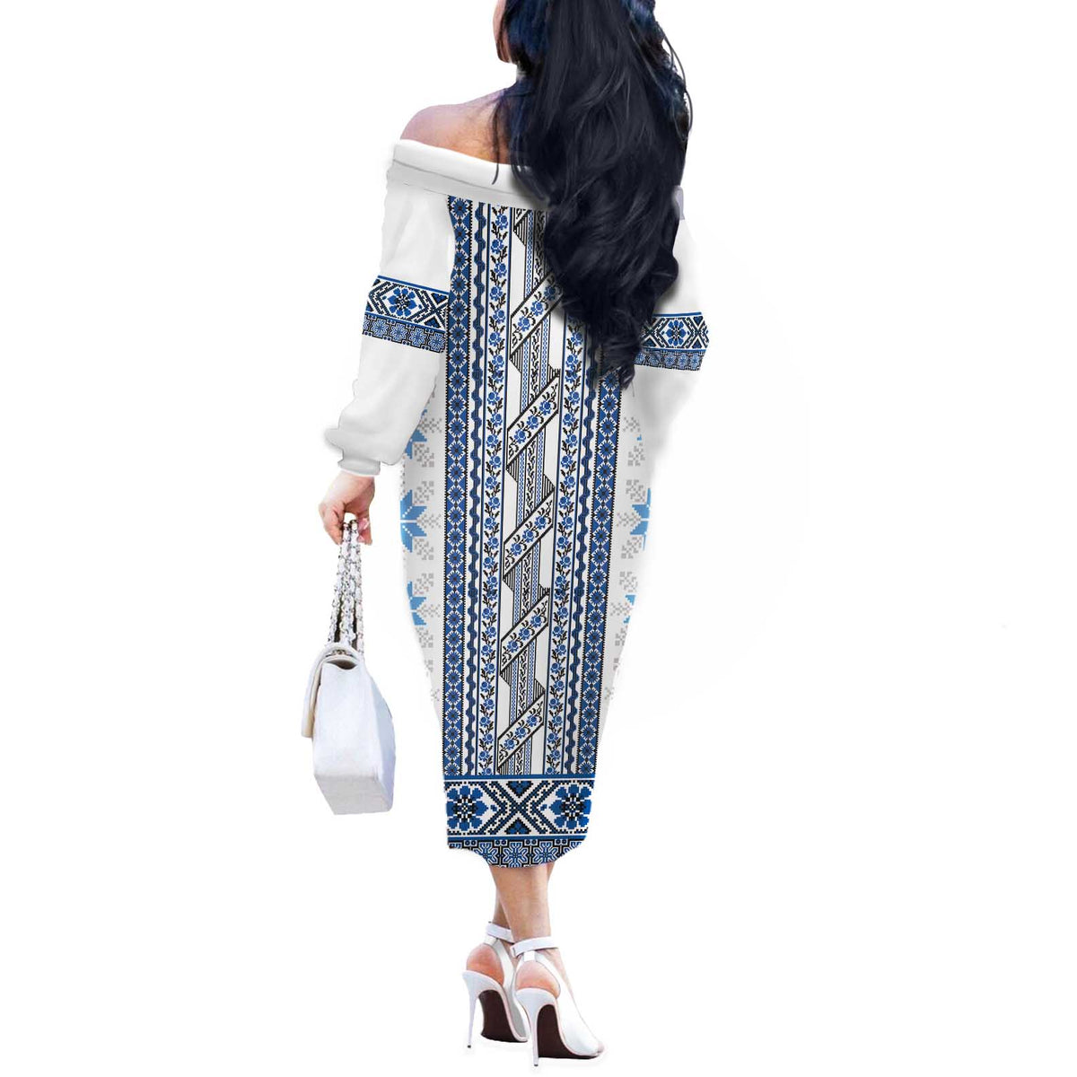 Ukraine Off The Shoulder Long Sleeve Dress Traditional Braided Rope Belt Blue Folk Pattern