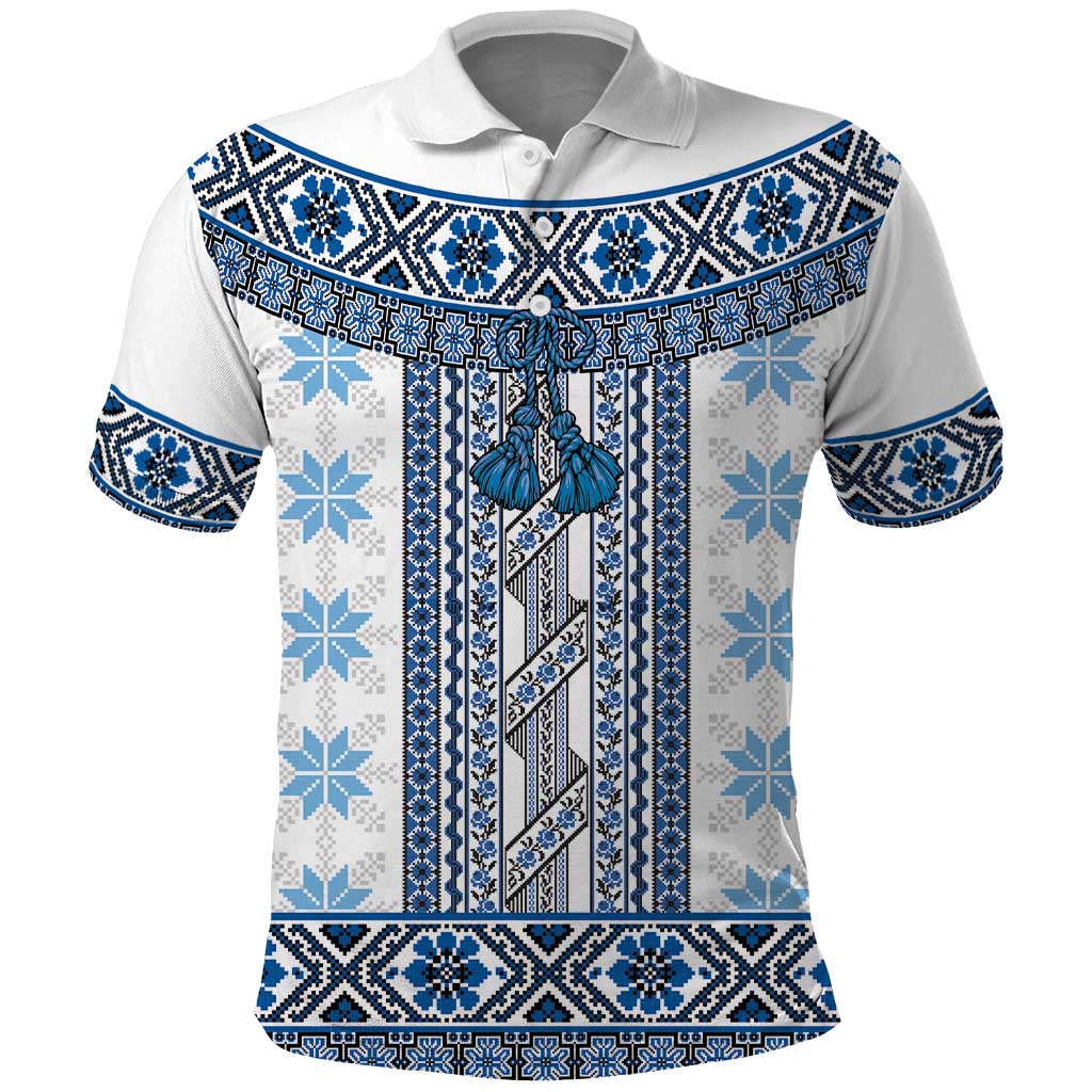 Ukraine Polo Shirt Traditional Braided Rope Belt Blue Folk Pattern