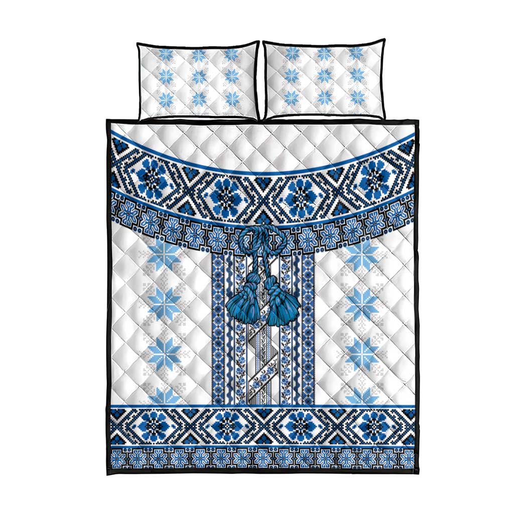 Ukraine Quilt Bed Set Traditional Braided Rope Belt Blue Folk Pattern