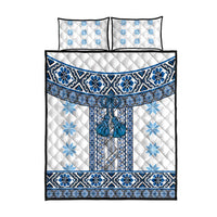 Ukraine Quilt Bed Set Traditional Braided Rope Belt Blue Folk Pattern