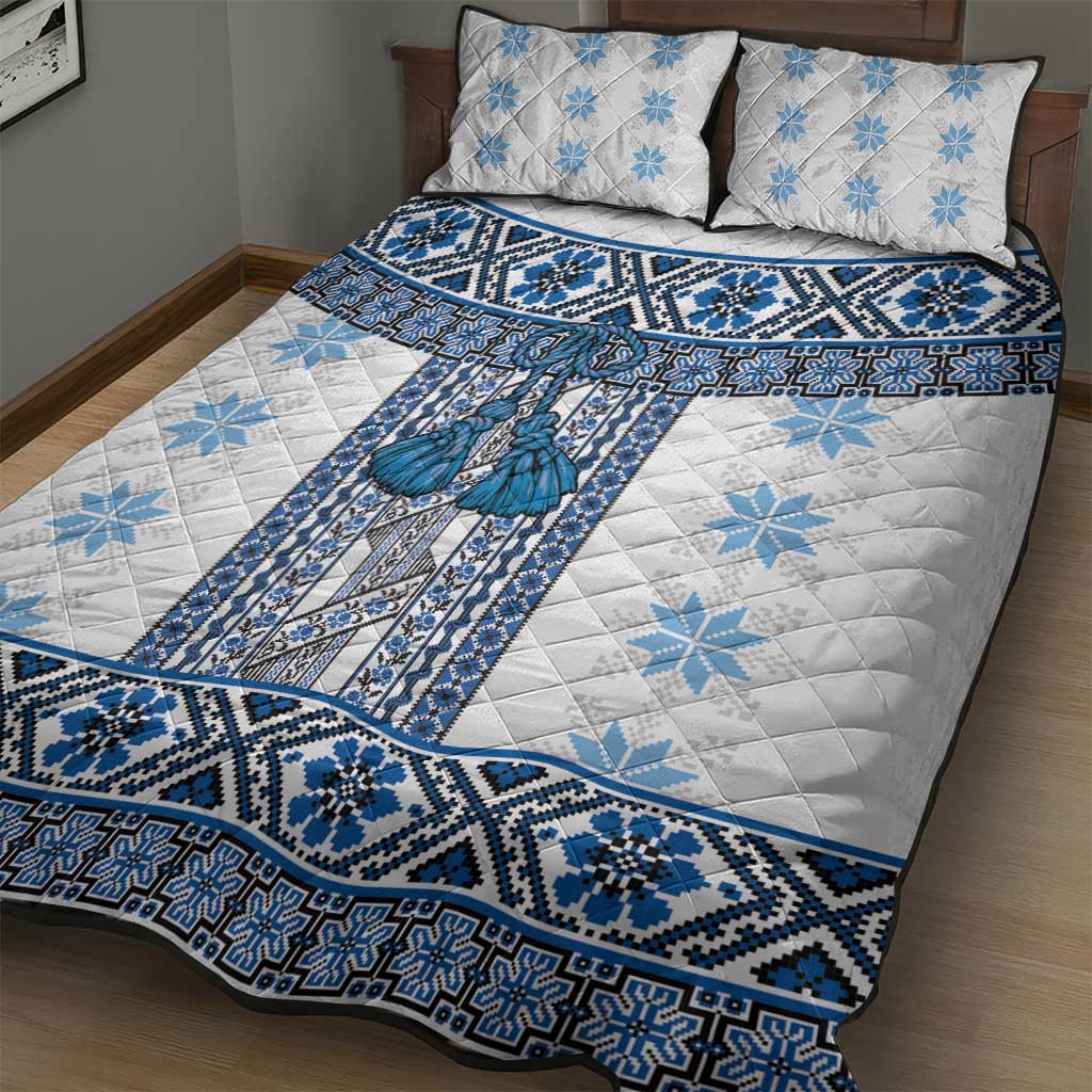 Ukraine Quilt Bed Set Traditional Braided Rope Belt Blue Folk Pattern