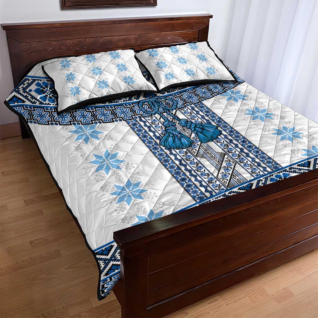 Ukraine Quilt Bed Set Traditional Braided Rope Belt Blue Folk Pattern