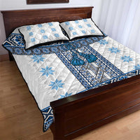 Ukraine Quilt Bed Set Traditional Braided Rope Belt Blue Folk Pattern
