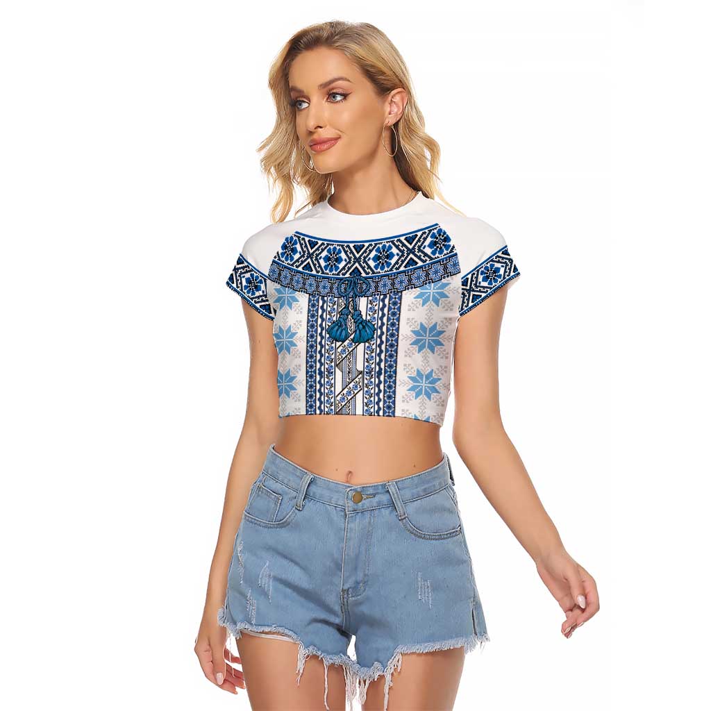 Ukraine Raglan Cropped T Shirt Traditional Braided Rope Belt Blue Folk Pattern