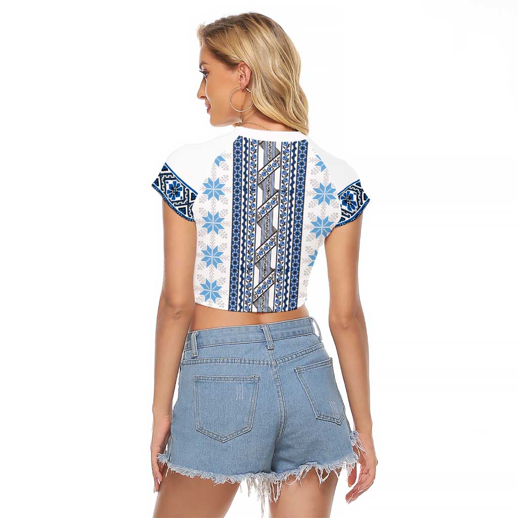 Ukraine Raglan Cropped T Shirt Traditional Braided Rope Belt Blue Folk Pattern
