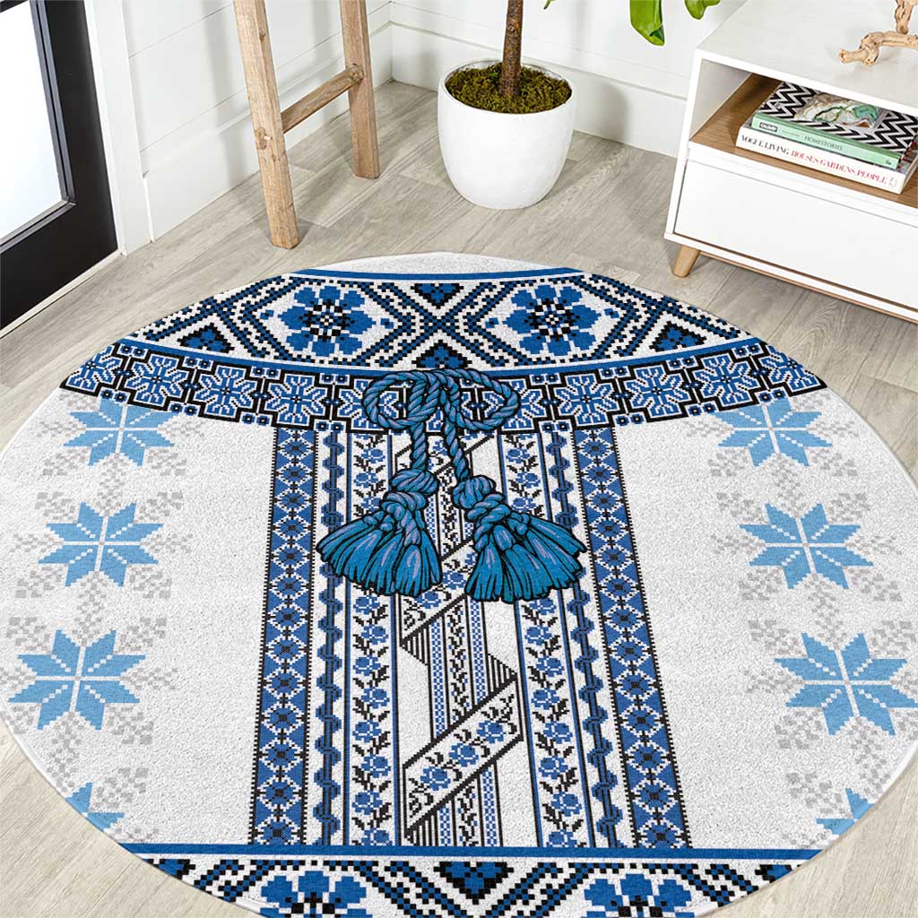 Ukraine Round Carpet Traditional Braided Rope Belt Blue Folk Pattern