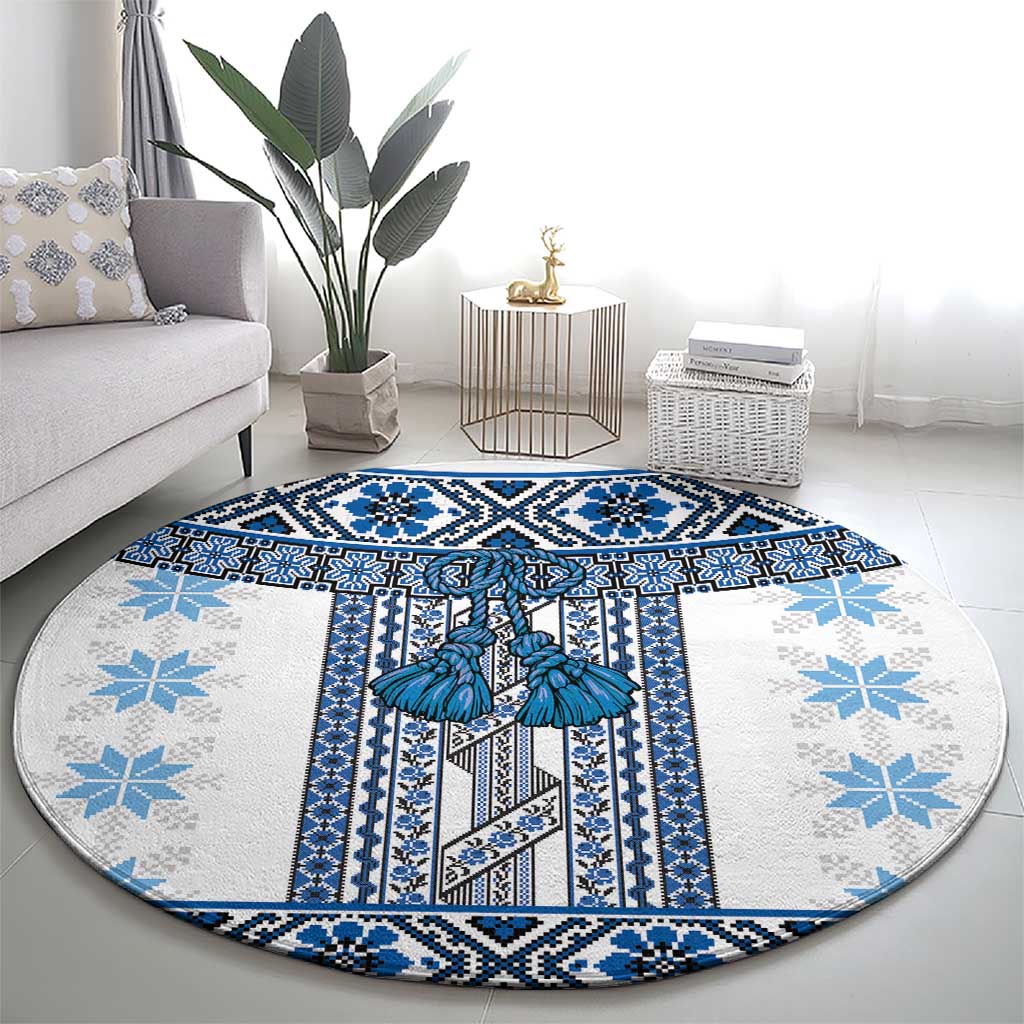 Ukraine Round Carpet Traditional Braided Rope Belt Blue Folk Pattern