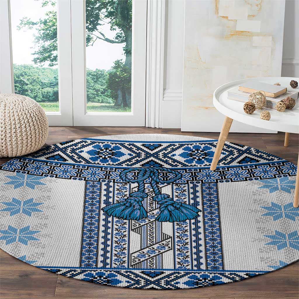Ukraine Round Carpet Traditional Braided Rope Belt Blue Folk Pattern