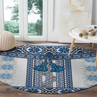 Ukraine Round Carpet Traditional Braided Rope Belt Blue Folk Pattern