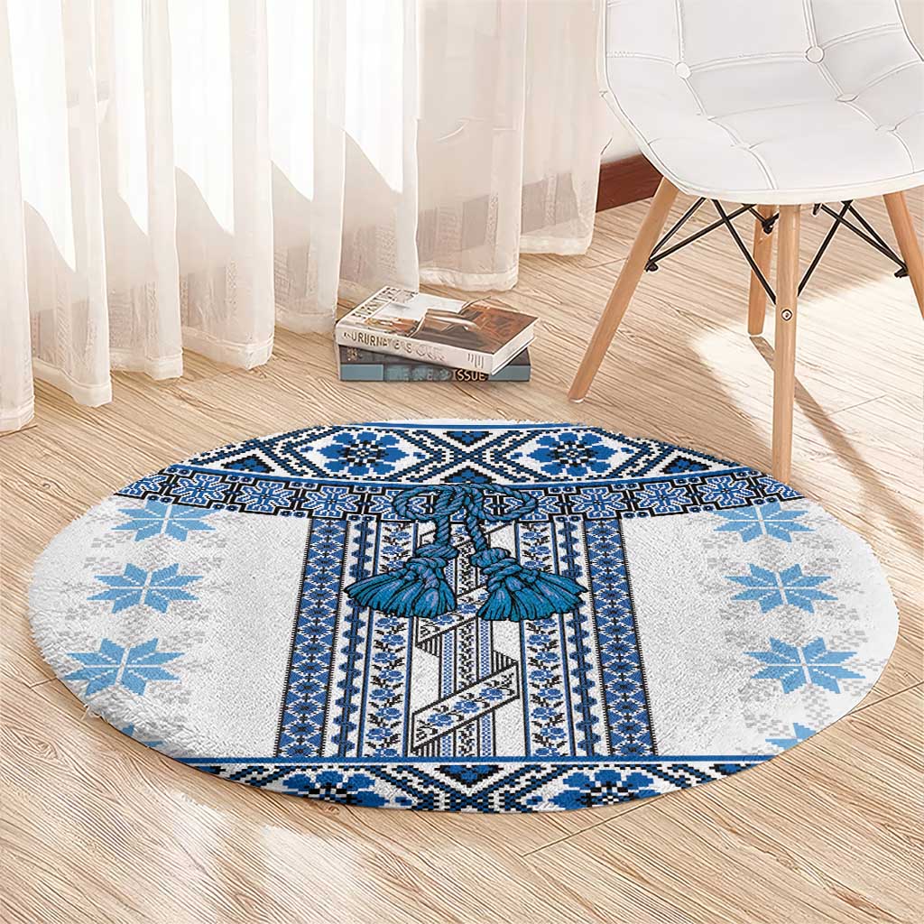 Ukraine Round Carpet Traditional Braided Rope Belt Blue Folk Pattern