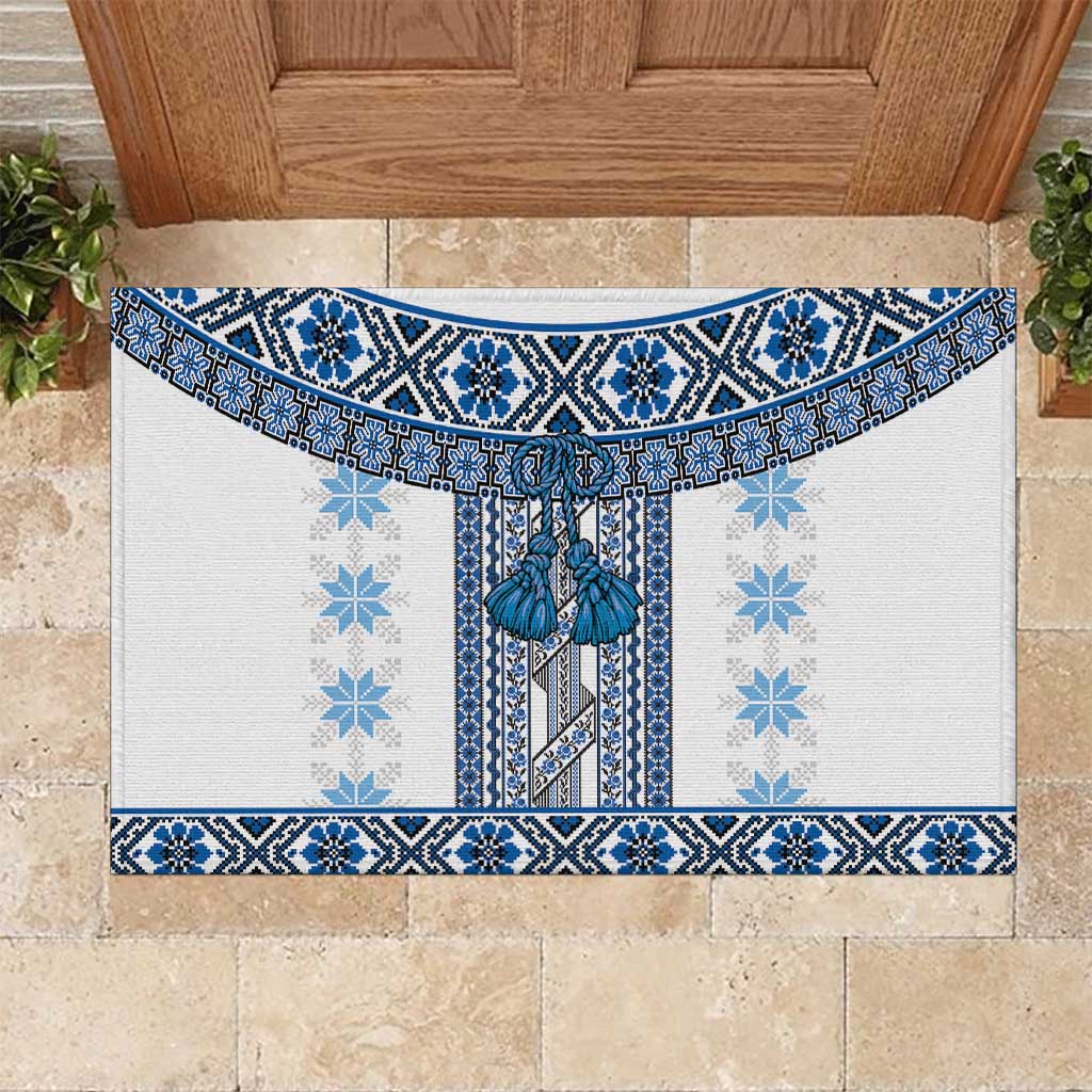 Ukraine Rubber Doormat Traditional Braided Rope Belt Blue Folk Pattern