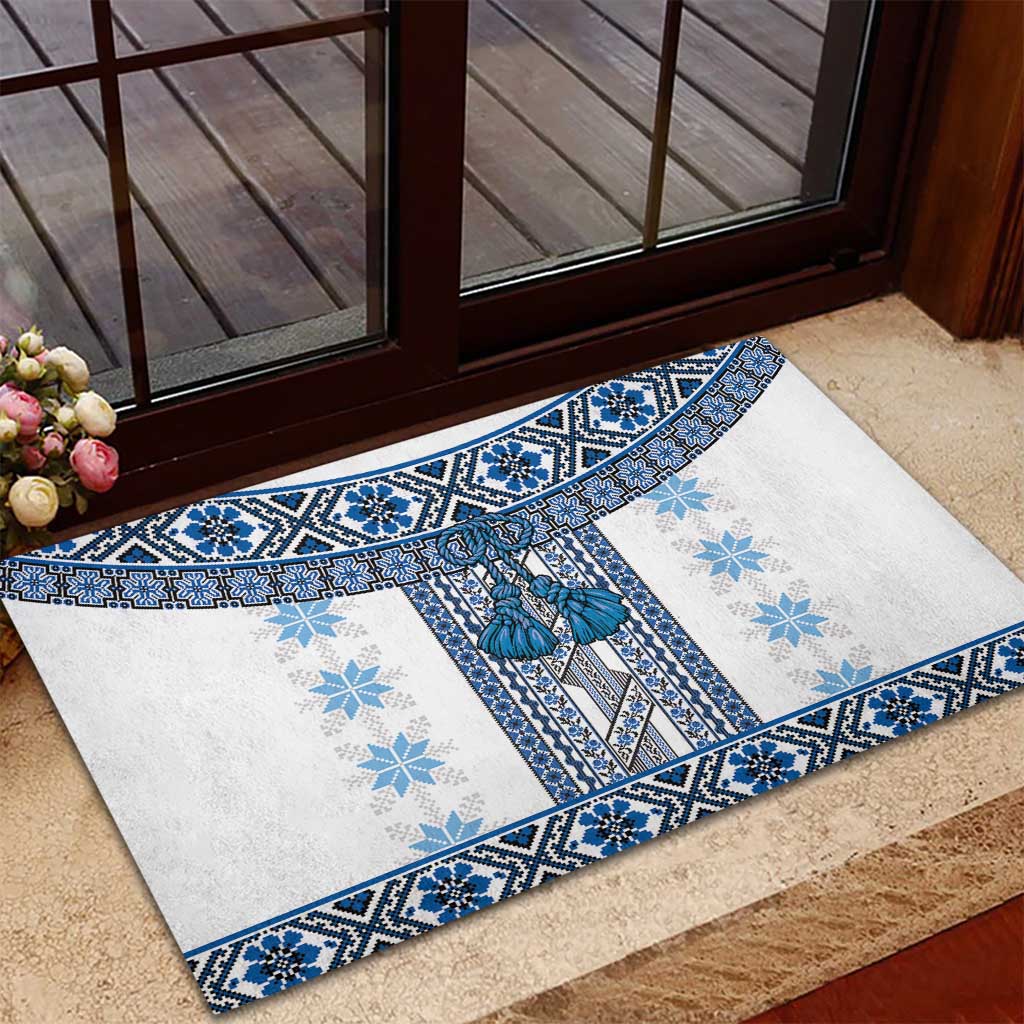 Ukraine Rubber Doormat Traditional Braided Rope Belt Blue Folk Pattern