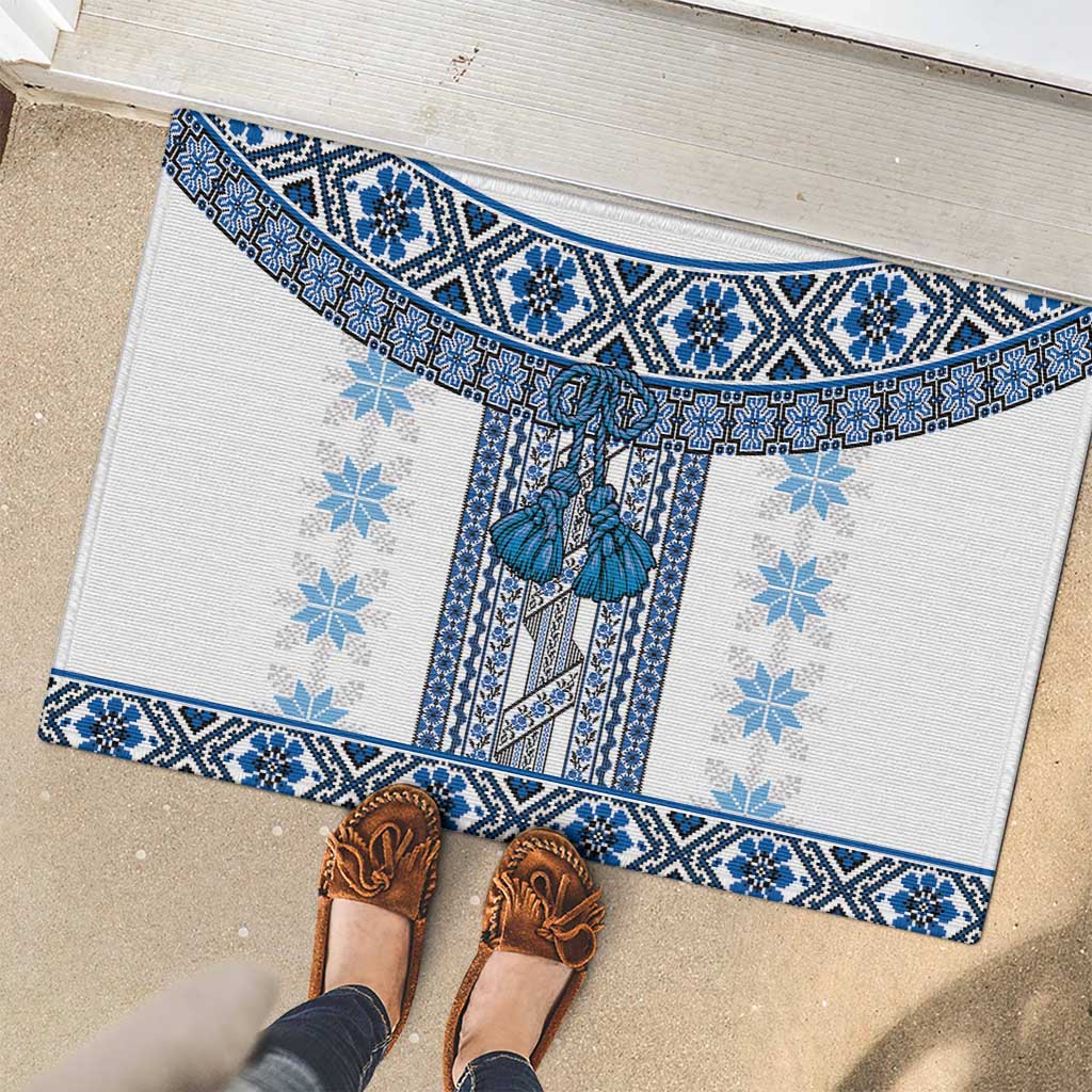 Ukraine Rubber Doormat Traditional Braided Rope Belt Blue Folk Pattern