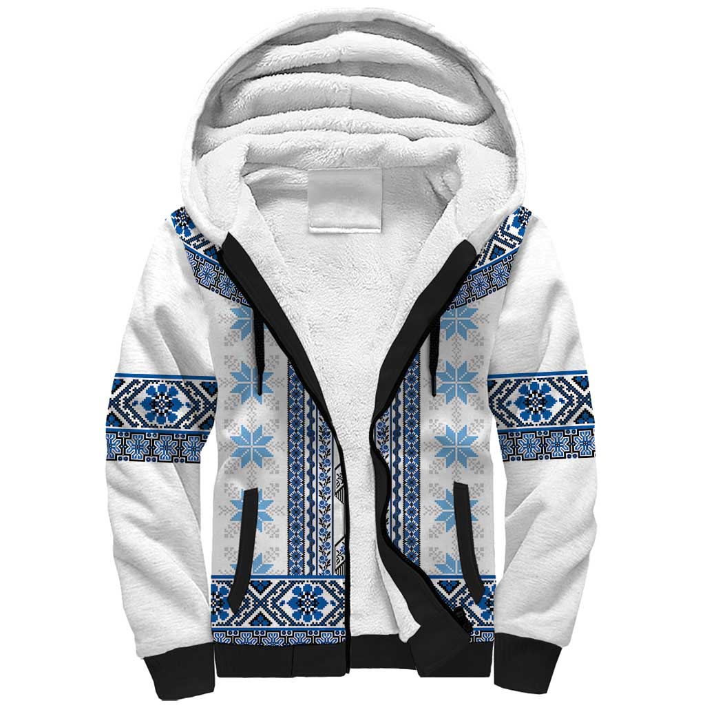 Ukraine Sherpa Hoodie Traditional Braided Rope Belt Blue Folk Pattern
