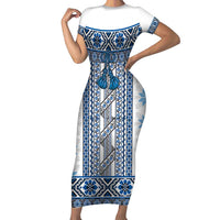 Ukraine Short Sleeve Bodycon Dress Traditional Braided Rope Belt Blue Folk Pattern