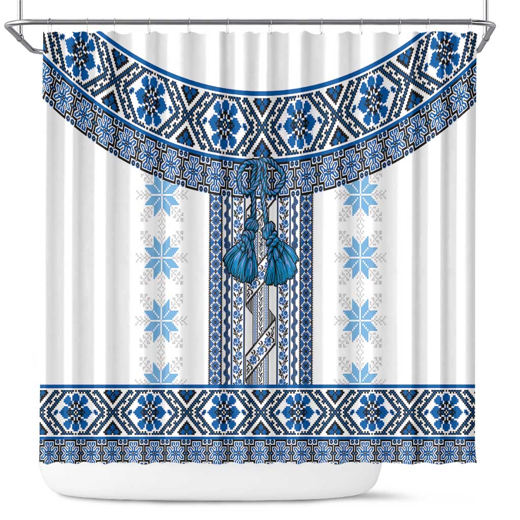 Ukraine Shower Curtain Traditional Braided Rope Belt Blue Folk Pattern