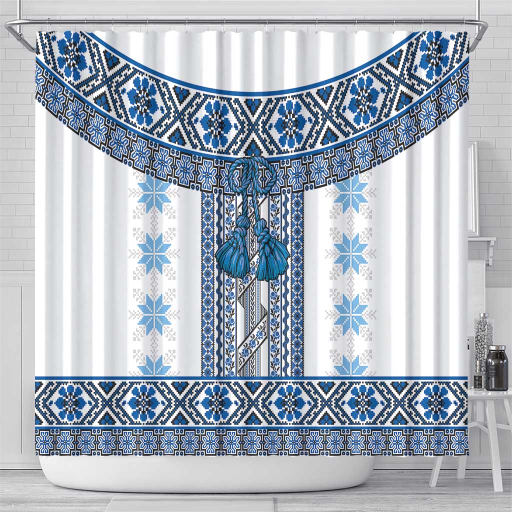 Ukraine Shower Curtain Traditional Braided Rope Belt Blue Folk Pattern