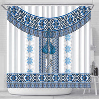 Ukraine Shower Curtain Traditional Braided Rope Belt Blue Folk Pattern