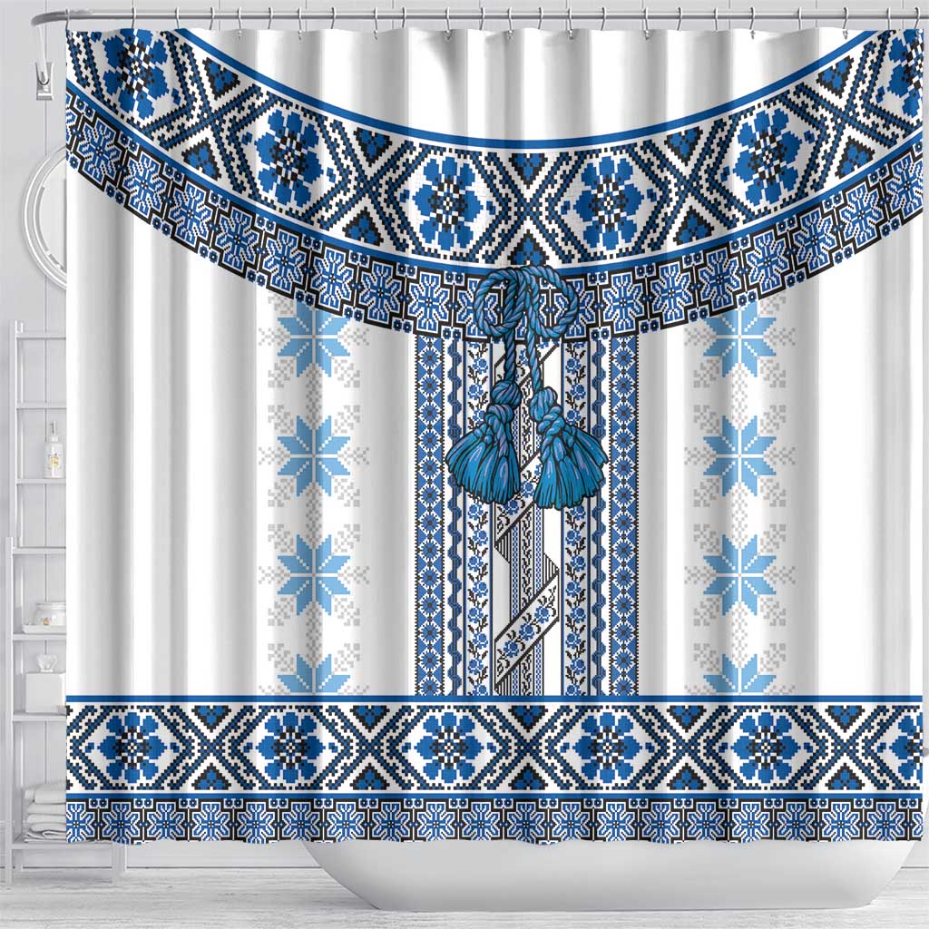 Ukraine Shower Curtain Traditional Braided Rope Belt Blue Folk Pattern