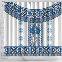 Ukraine Shower Curtain Traditional Braided Rope Belt Blue Folk Pattern