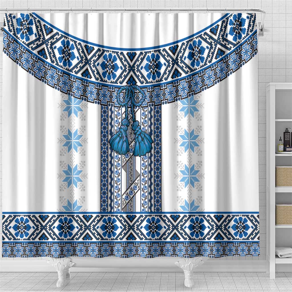 Ukraine Shower Curtain Traditional Braided Rope Belt Blue Folk Pattern