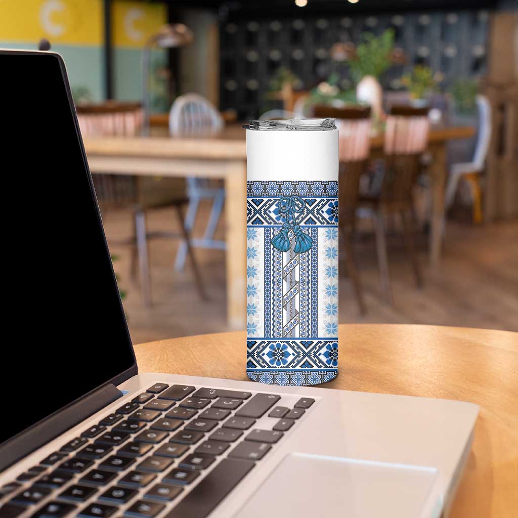 Ukraine Skinny Tumbler Traditional Braided Rope Belt Blue Folk Pattern