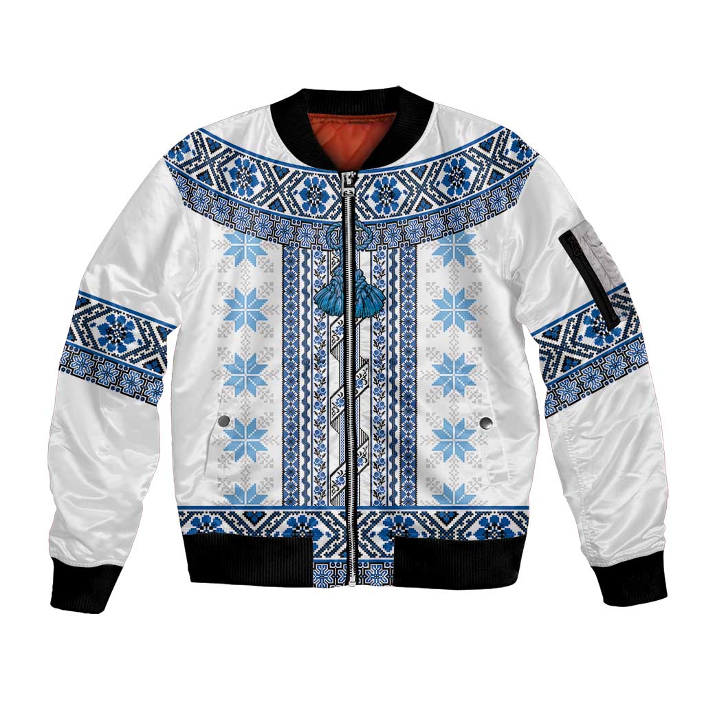 Ukraine Sleeve Zip Bomber Jacket Traditional Braided Rope Belt Blue Folk Pattern