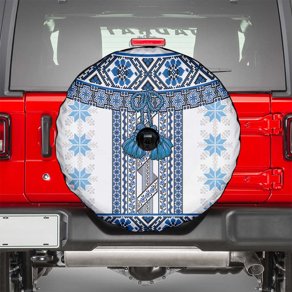 Ukraine Spare Tire Cover Traditional Braided Rope Belt Blue Folk Pattern