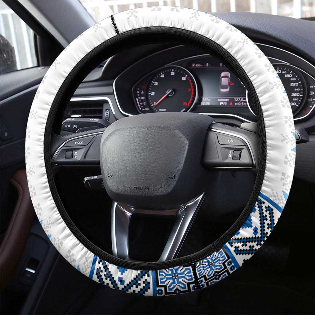 Ukraine Steering Wheel Cover Traditional Braided Rope Belt Blue Folk Pattern