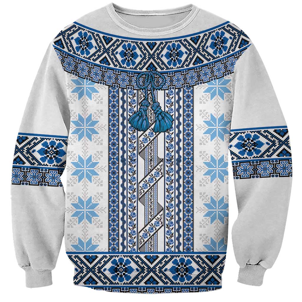 Ukraine Sweatshirt Traditional Braided Rope Belt Blue Folk Pattern