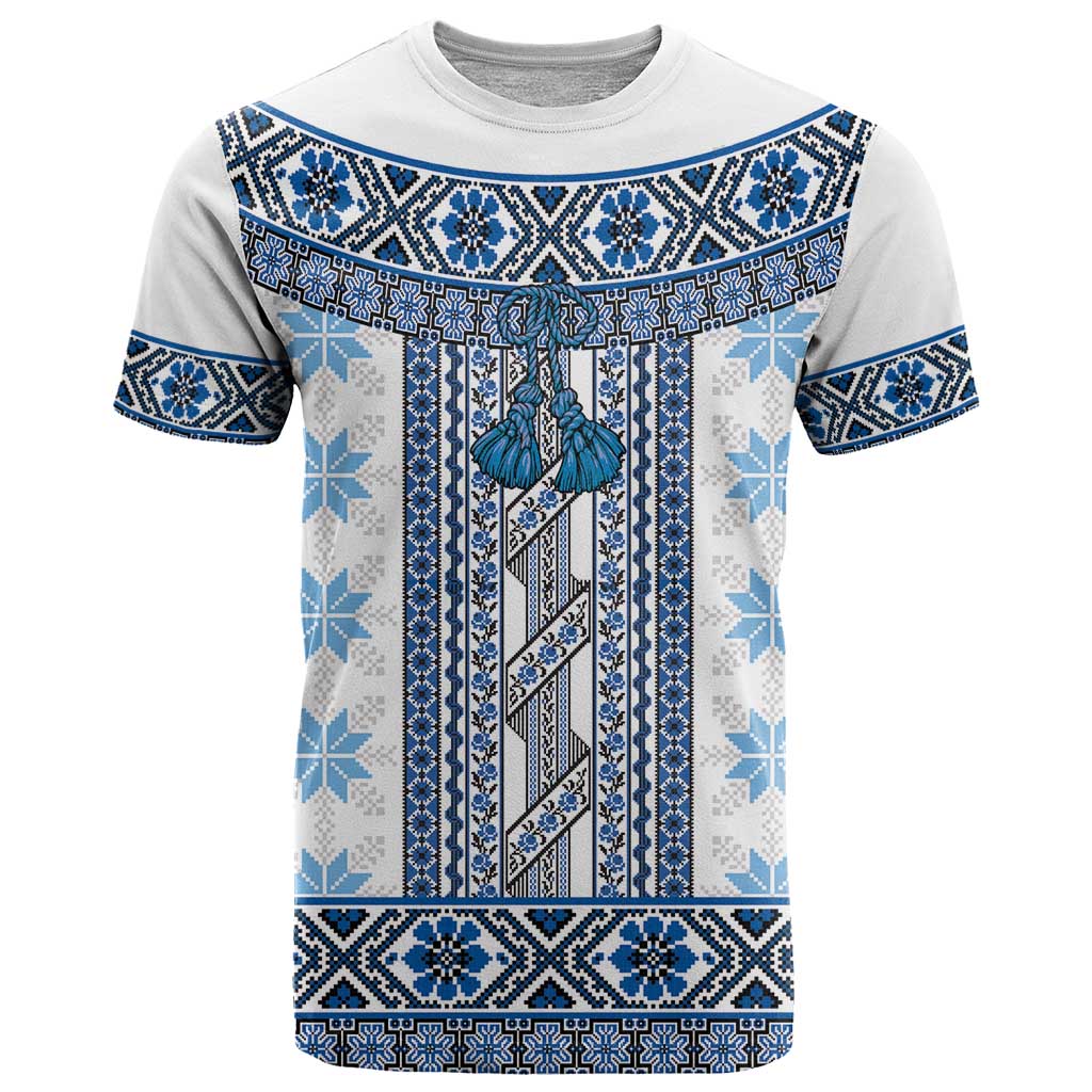 Ukraine T Shirt Traditional Braided Rope Belt Blue Folk Pattern