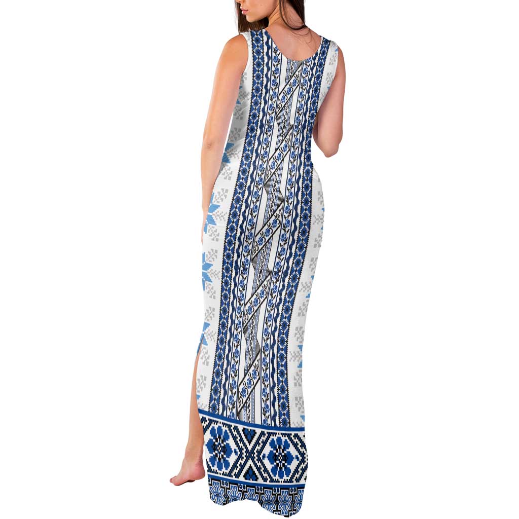 Ukraine Tank Maxi Dress Traditional Braided Rope Belt Blue Folk Pattern