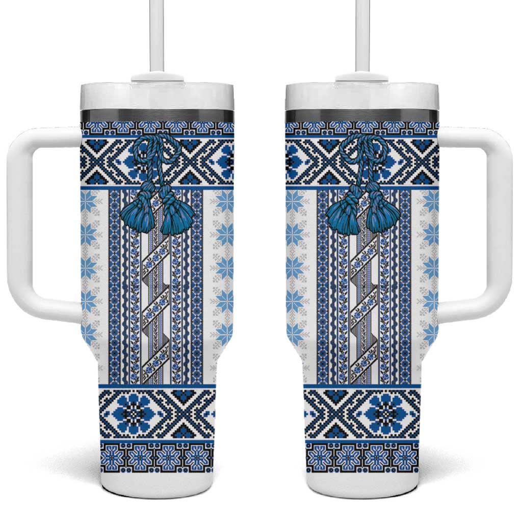 Ukraine Tumbler With Handle Traditional Braided Rope Belt Blue Folk Pattern