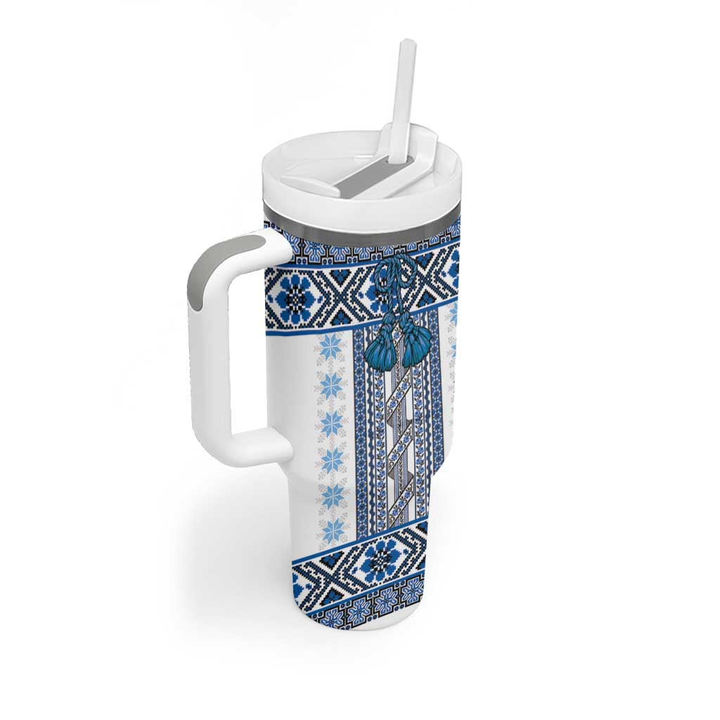 Ukraine Tumbler With Handle Traditional Braided Rope Belt Blue Folk Pattern